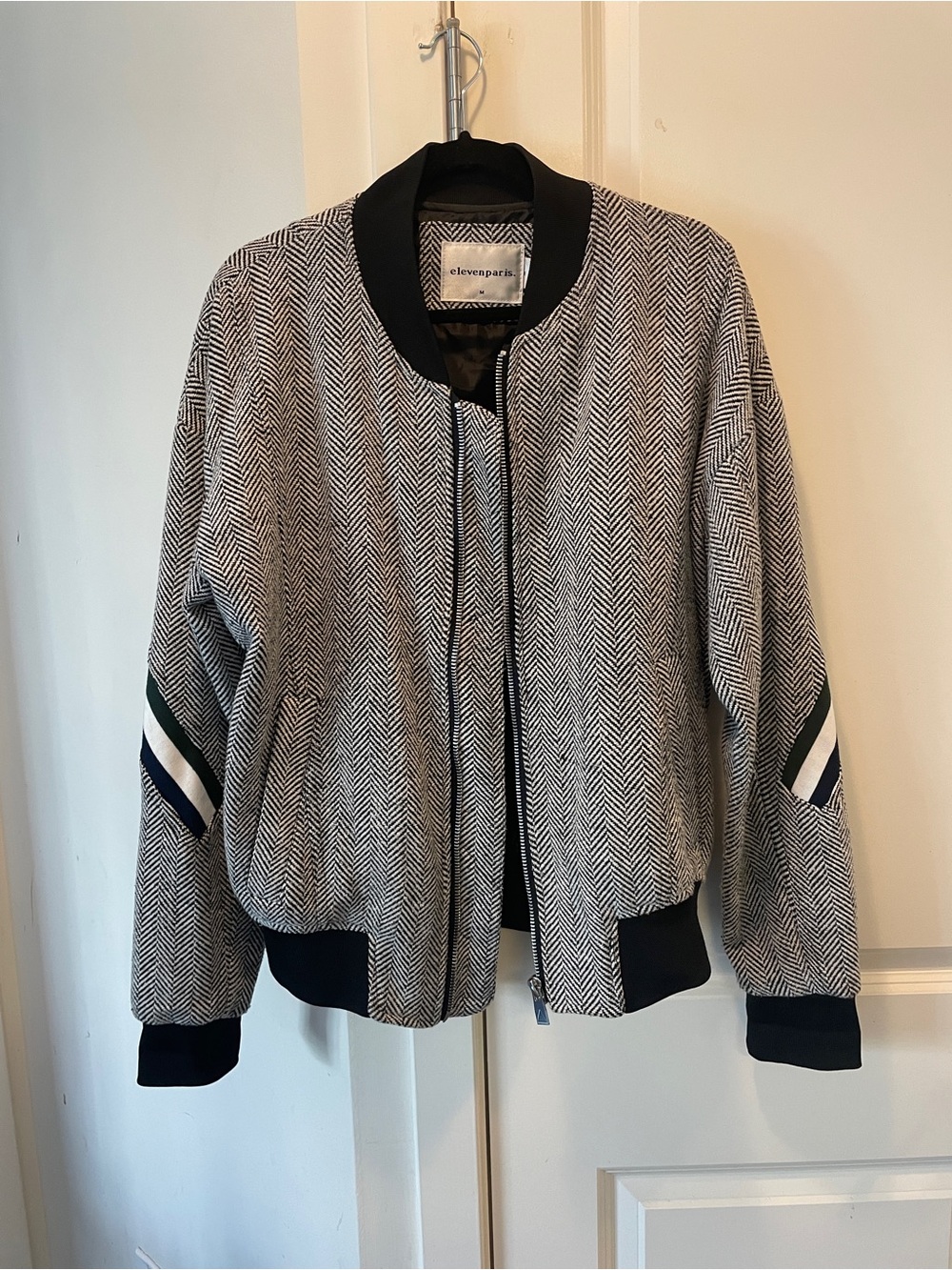 Eleven Paris Black & White Herringbone Bomber with Stripe Sleeve Detail